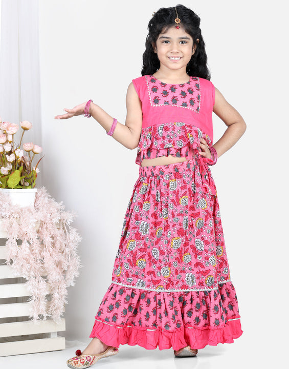 Pink Floral Printed Peplum Choli With Printed Layered Lehenga