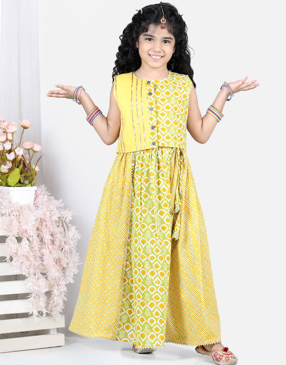 Yellow Printed top With Lace Embellished Leheriya Lehenga