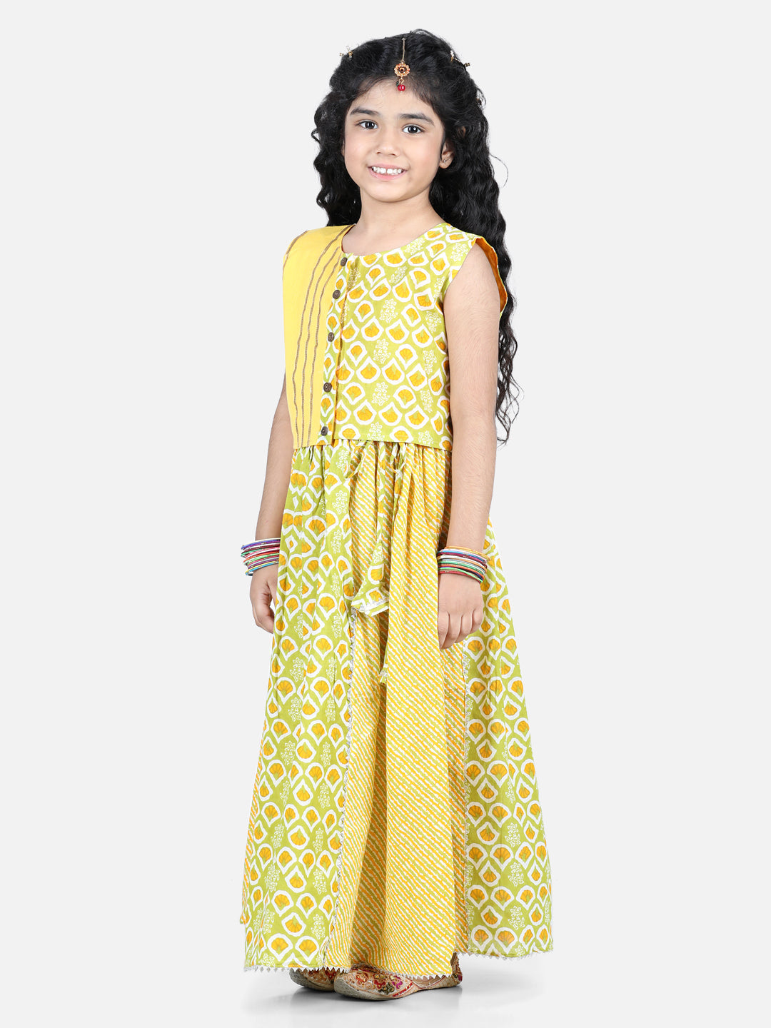 Yellow Printed top With Lace Embellished Leheriya Lehenga
