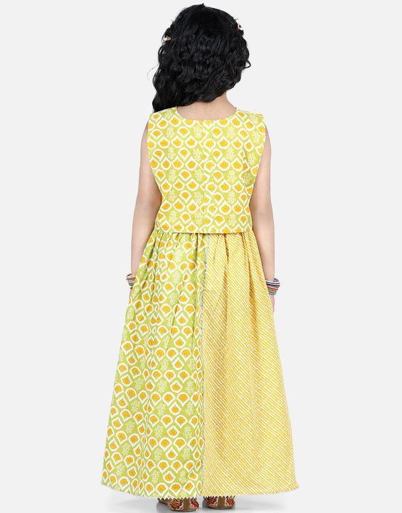 Yellow Printed top With Lace Embellished Leheriya Lehenga