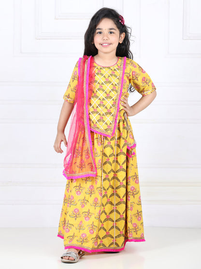 Yellow Floral Printed Lace Work Top With Lehenga And Dupatta