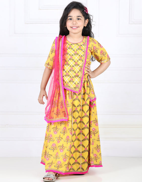 Yellow Floral Printed Lace Work Top With Lehenga And Dupatta