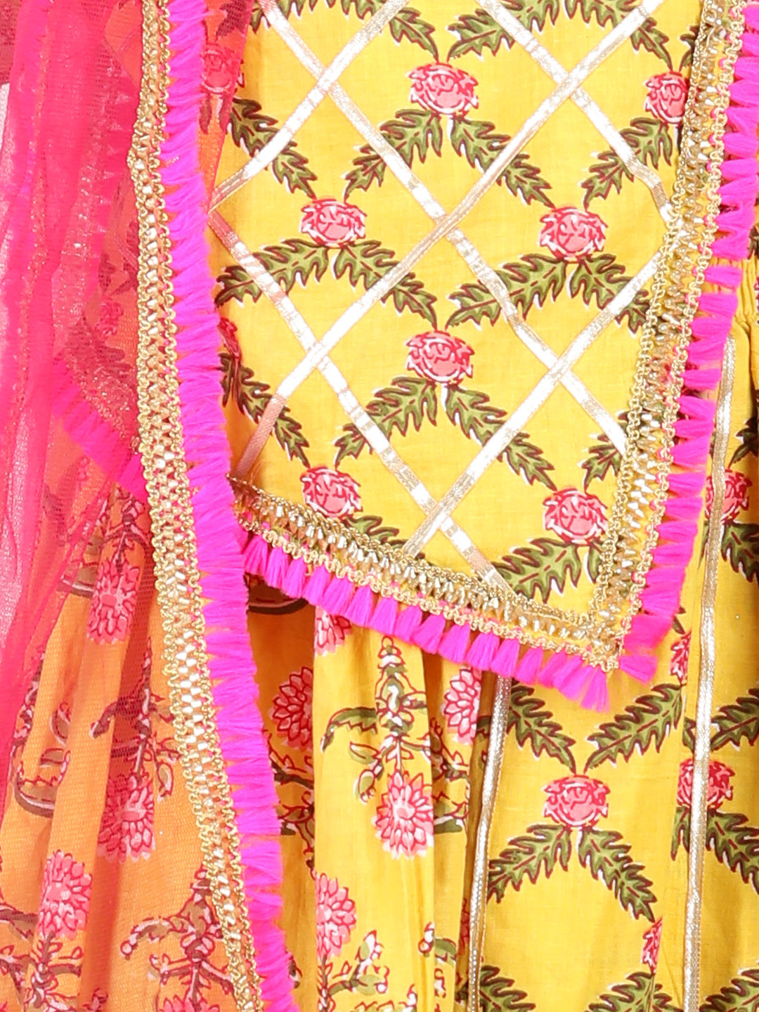 Yellow Floral Printed Lace Work Top With Lehenga And Dupatta