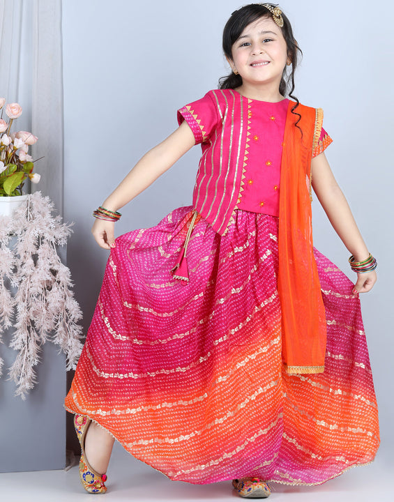 Flower Embroidery Choli & Bandhani Print Lehenga With Dupatta