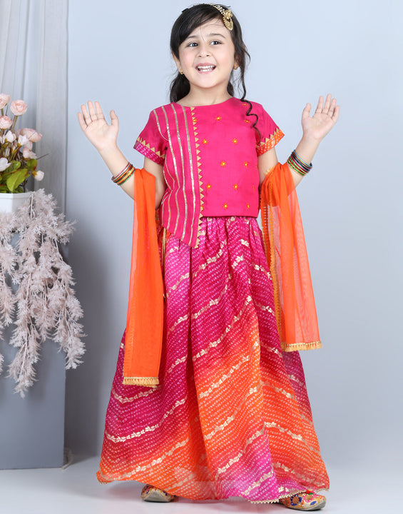 Flower Embroidery Choli & Bandhani Print Lehenga With Dupatta