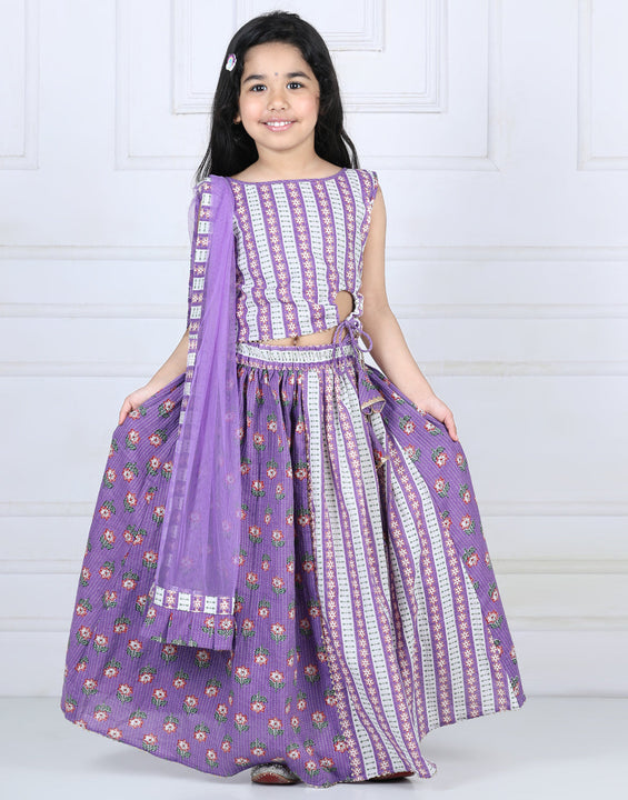 Purple Floral printed top with lehenga and dupatta