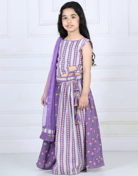 Purple Floral printed top with lehenga and dupatta