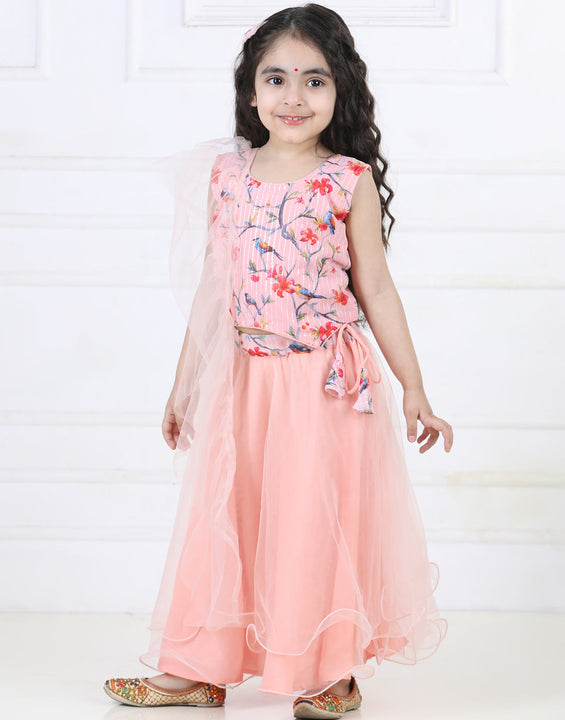 Peach Floral Sequins Top with Layered Net Lehenga and dupatta