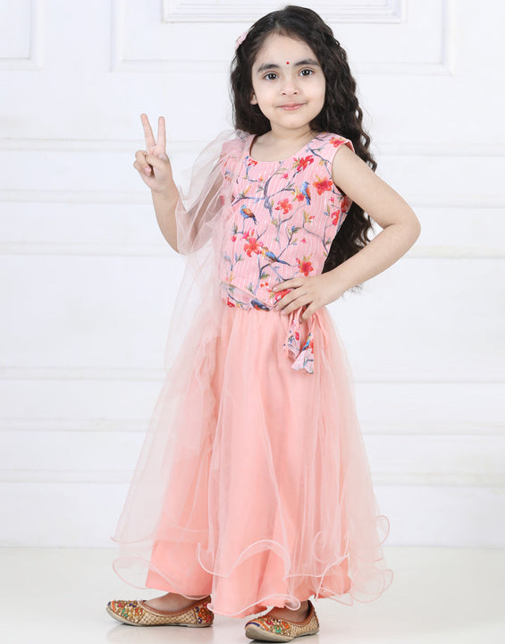 Peach Floral Sequins Top with Layered Net Lehenga and dupatta