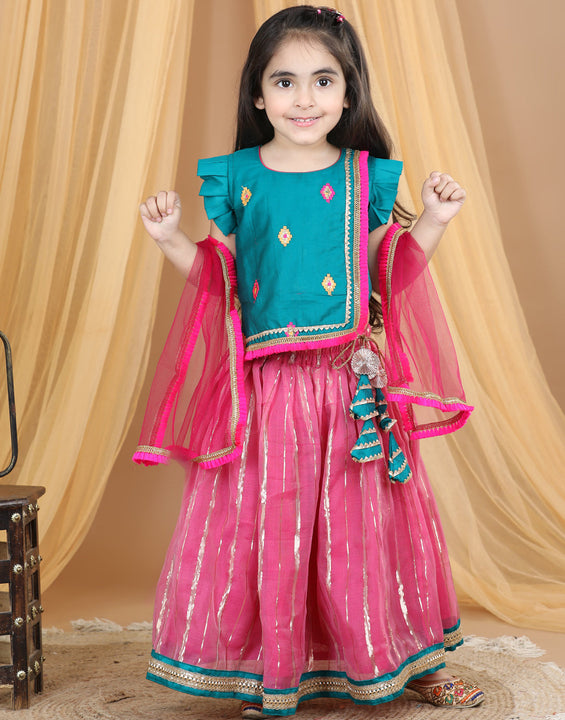 Green embroidered Top With Lurex Striped Lehenga and Dupatta