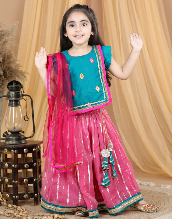 Green embroidered Top With Lurex Striped Lehenga and Dupatta