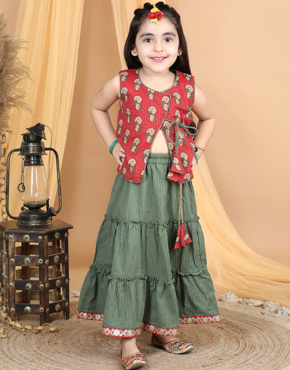 Red Floral Top With Kantha Thread Work Detailed Tiered Lehenga