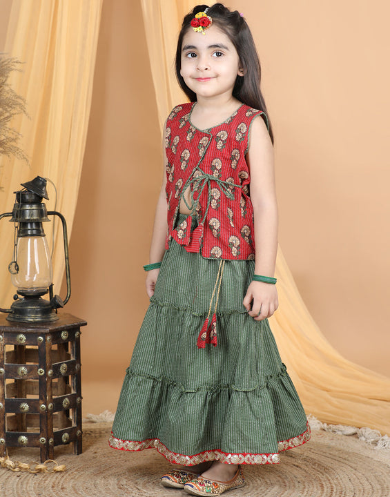 Red Floral Top With Kantha Thread Work Detailed Tiered Lehenga