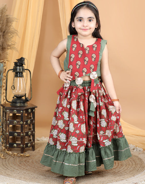 Red Floral top With Printed and Kantha Thread Work Detailed Lehenga