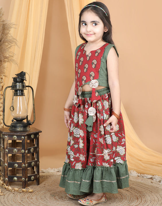 Red Floral top With Printed and Kantha Thread Work Detailed Lehenga