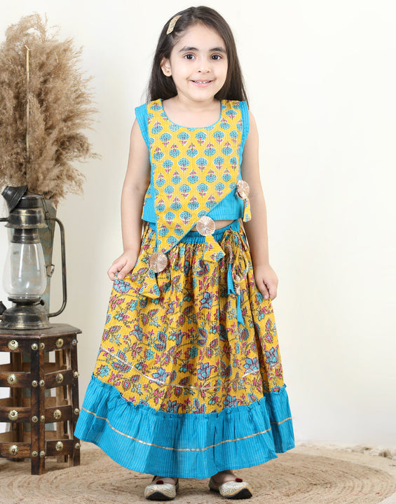 Yellow Cotton Katha Floral Printed Top with Tassels & Layered Lehenga