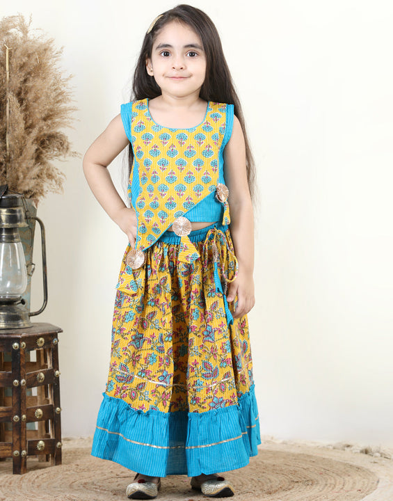 Yellow Cotton Katha Floral Printed Top with Tassels & Layered Lehenga