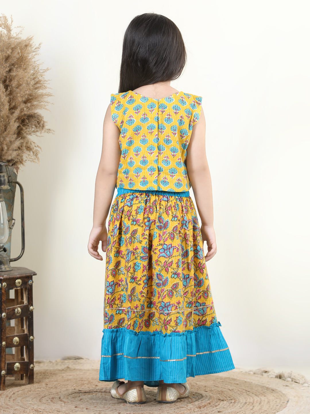Yellow Cotton Katha Floral Printed Top with Tassels & Layered Lehenga