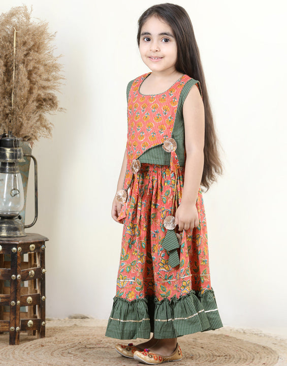 Peach Katha Floral Printed Top With Plain Layered Lehenga