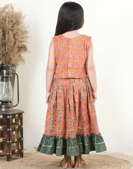 Peach Katha Floral Printed Top With Plain Layered Lehenga