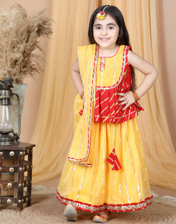 Red Cotton Leheriya Top with Foil Printed Lehenga & Dupatta