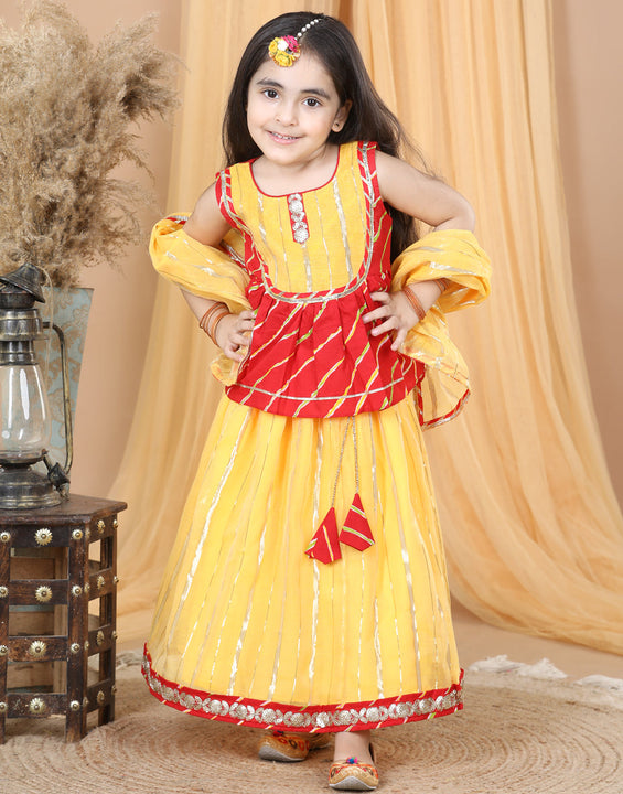 Red Cotton Leheriya Top with Foil Printed Lehenga & Dupatta