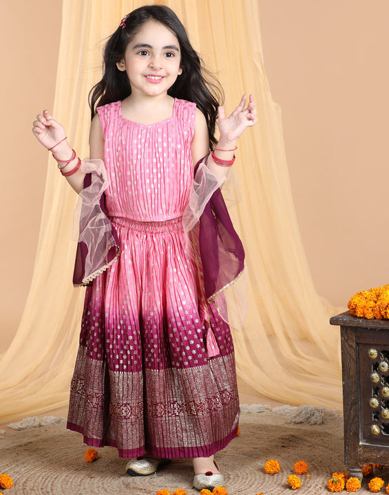 Sleeveless Embroidered Pleated Top And Lehenga