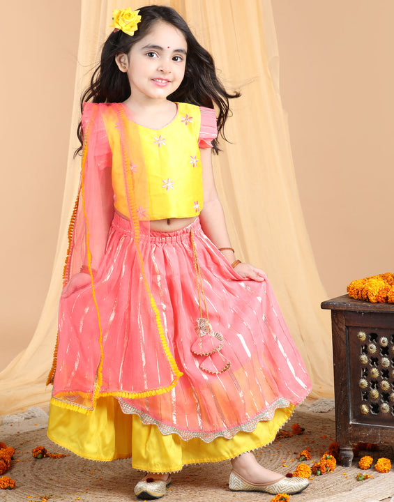Yellow and pink lehenga top and dupatta
