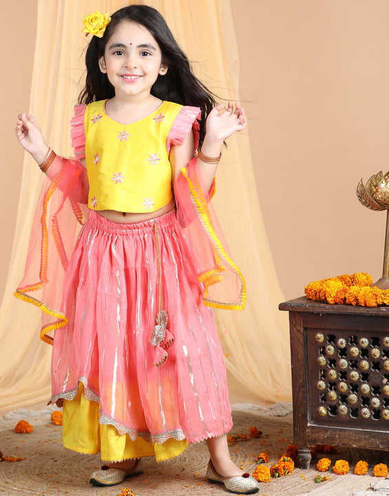 Yellow and pink lehenga top and dupatta