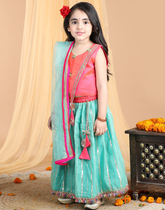 Pink Top with green gold printed lehenga and dupatta