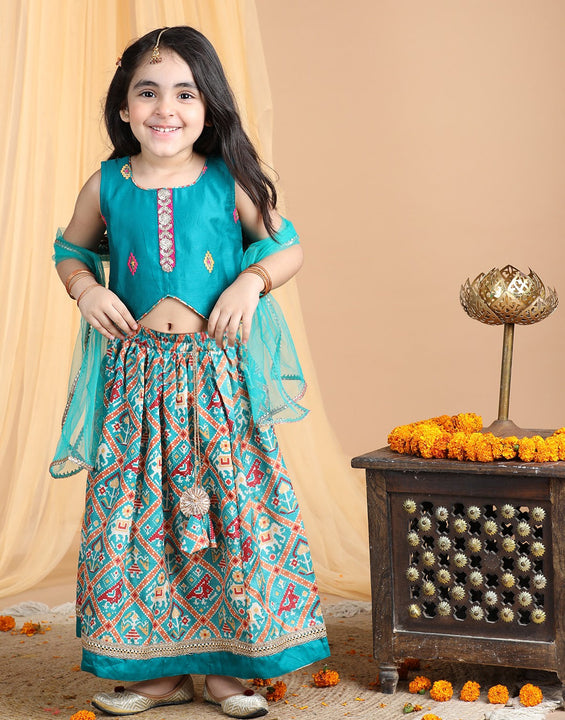 Embroidered Top with printed patola lehenga and dupatta