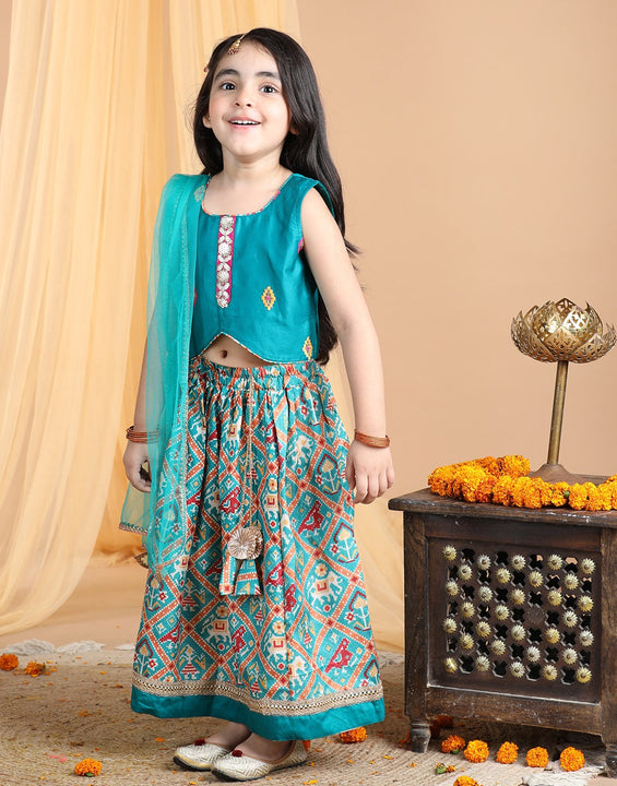 Embroidered Top with printed patola lehenga and dupatta