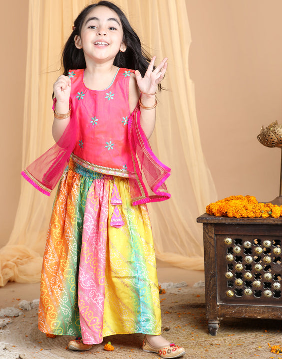 Pink Top with multi color gold printed lehenga and dupatta