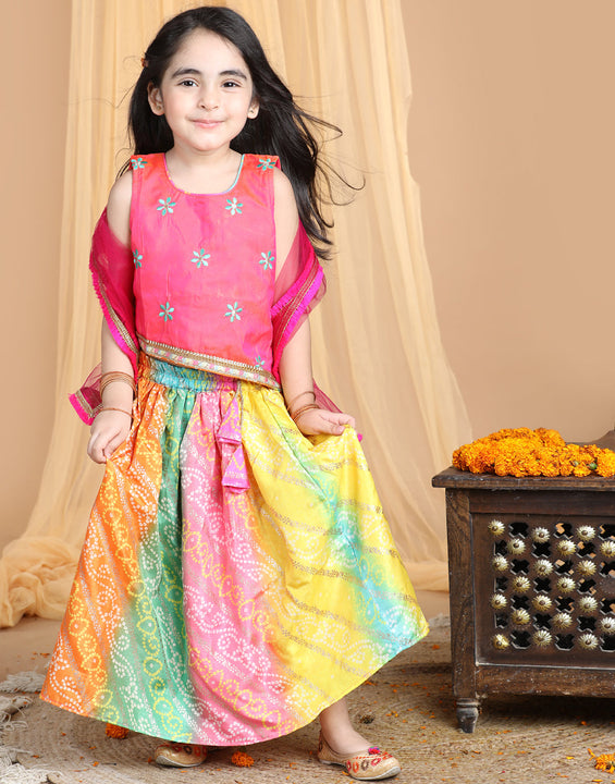 Pink Top with multi color gold printed lehenga and dupatta