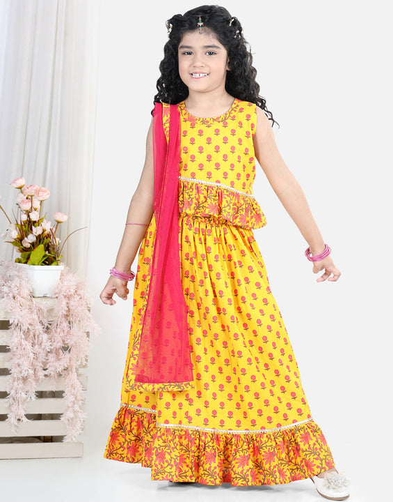 Sleeveless Floral Printed Frilled Top With Skirt & Dupatta