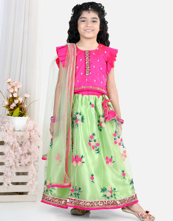 Pink Top With Embroidered Net Lehenga And Dupatta