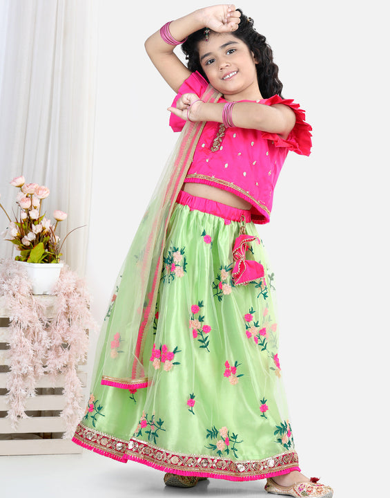 Pink Top With Embroidered Net Lehenga And Dupatta