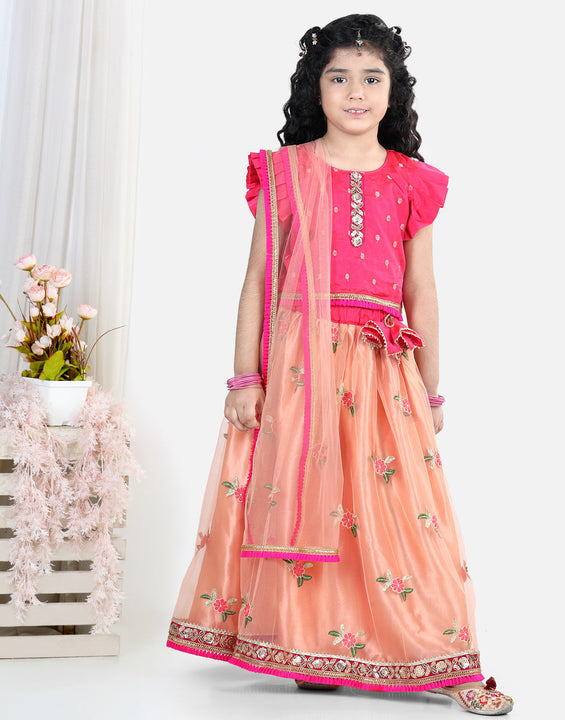 Pink Top With Embroidered Net Lehenga And Dupatta