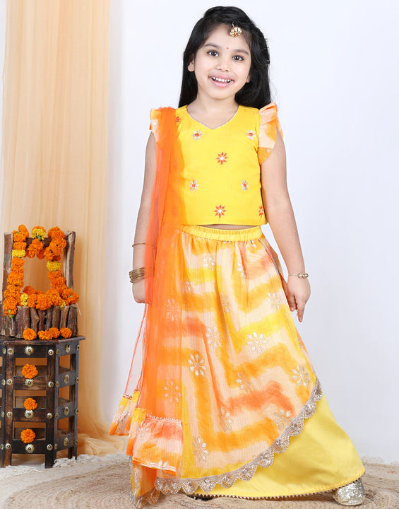 Yellow Foil Embellished Double Layered Lace Work Skirt With Embroidered Top And Dupatta