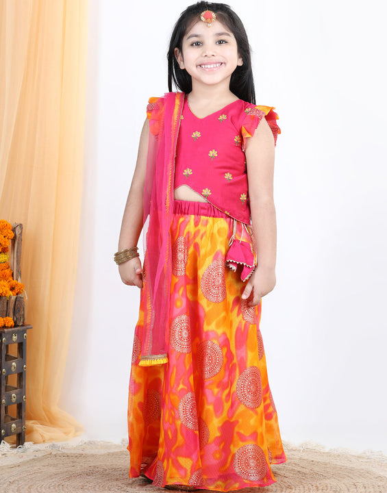 Foil embellished skirt with embroidered top and dupatta