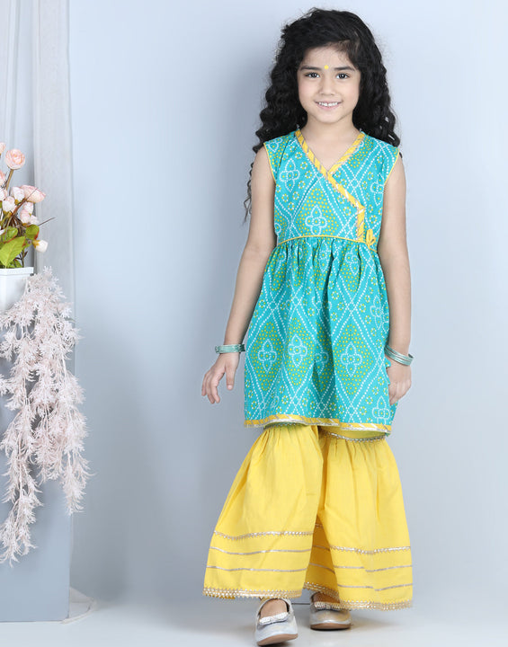 Green Leheriya Detail Kurti With yellow Sharara