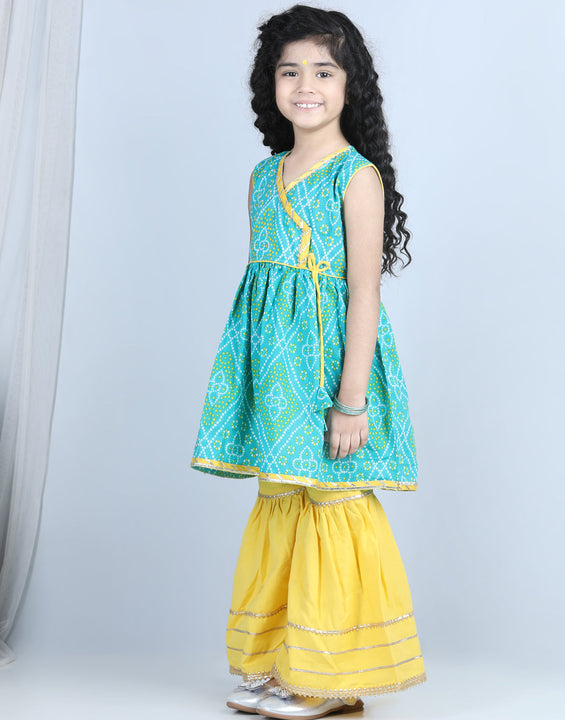 Green Leheriya Detail Kurti With yellow Sharara