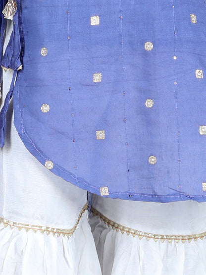 Blue Foil Printed Tassel Ornamentation Detail High Low Style Kurti With Sharara