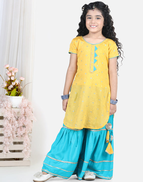 Yellow embroidered Gota Patti Lace Detail Kurti With Sharara And Dupatta