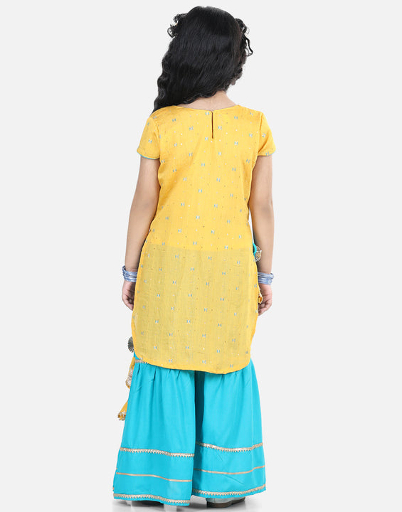 Yellow embroidered Gota Patti Lace Detail Kurti With Sharara And Dupatta