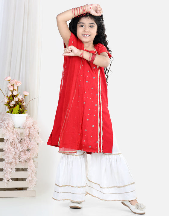 Red embroidered Gota Patti Lace Detail Kurti With Sharara And Dupatta