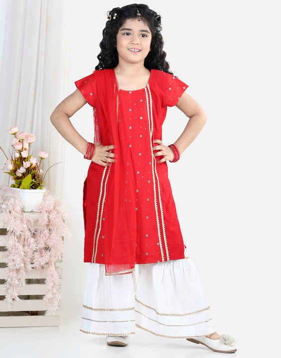 Red embroidered Gota Patti Lace Detail Kurti With Sharara And Dupatta