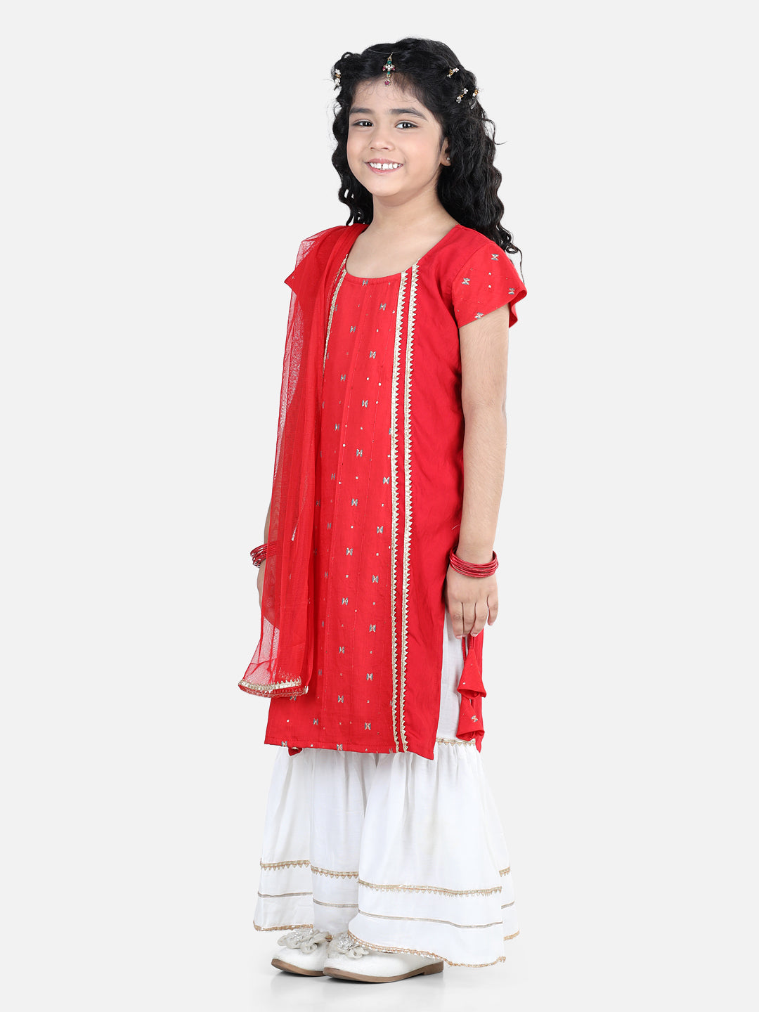 Red embroidered Gota Patti Lace Detail Kurti With Sharara And Dupatta