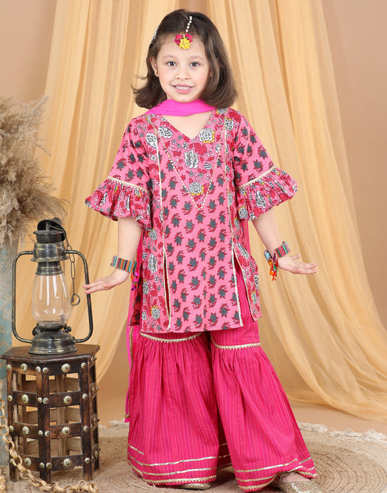 Pink Floral Motif Printed Kurta Sharara With Dupatta