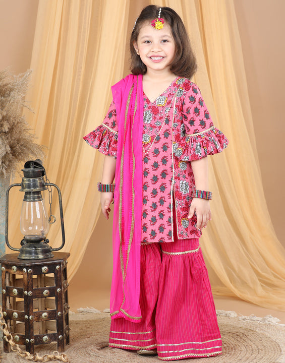 Pink Floral Motif Printed Kurta Sharara With Dupatta